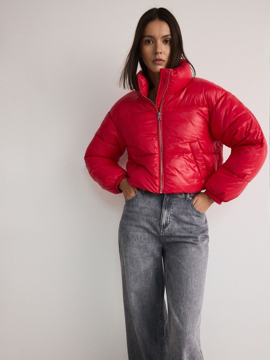 Statement Shine: Red Glossy Puffer with Wide-Leg Jeans Statement Shine: Red Glossy Puffer with Wide-Leg Jeans — Cropped Puffer Outfits 2027