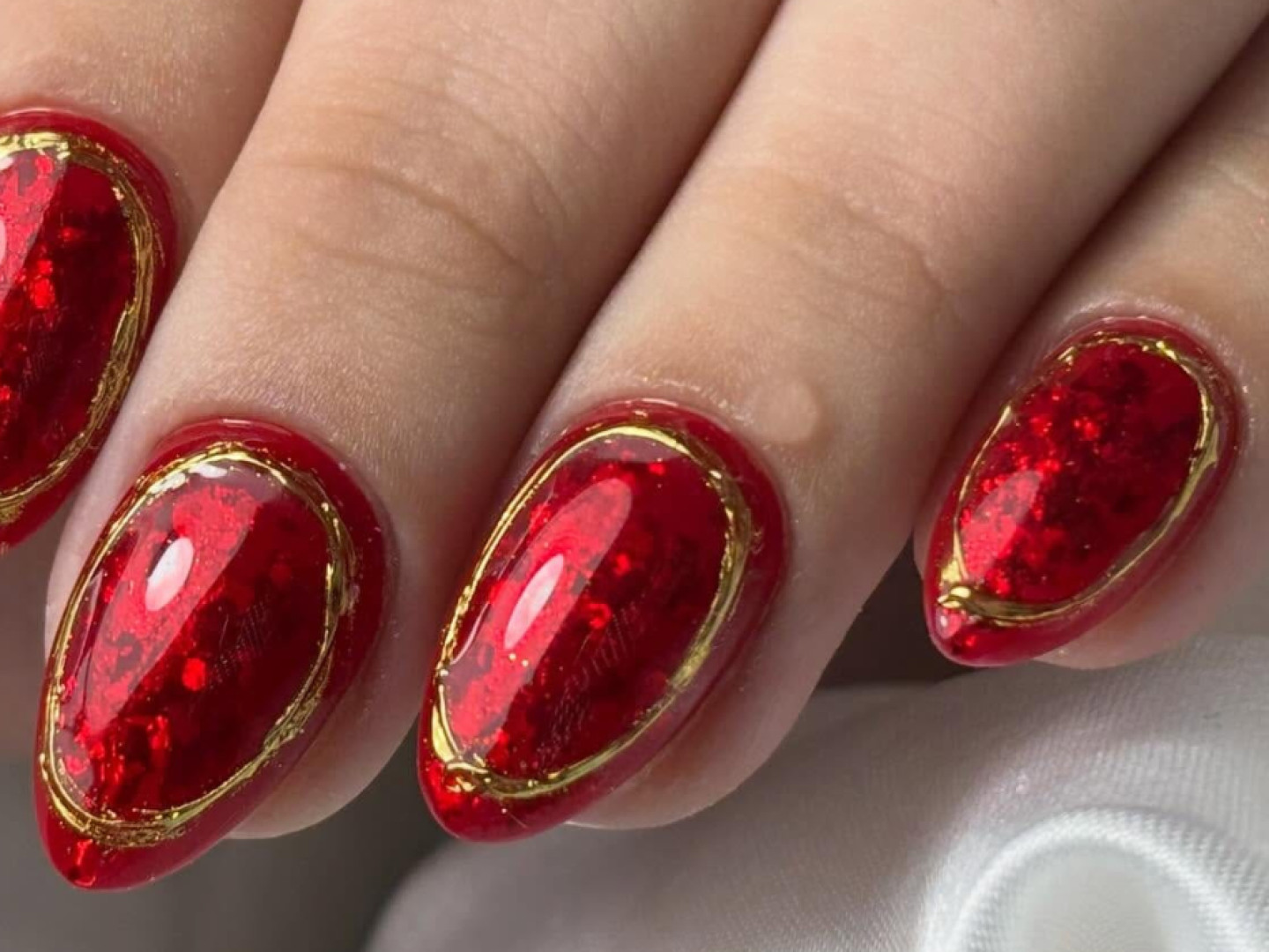 Red Glitter Embedded Gold Outline Visual Idea Red Glitter Embedded Gold Outline Visual Idea — Christmas Almond Nails 2026