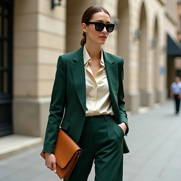 Deep Green Relaxed Blazer with Cream Silk and Wide-Leg Trousers Deep Green Relaxed Blazer with Cream Silk and Wide-Leg Trousers — Networking Outfits 2027