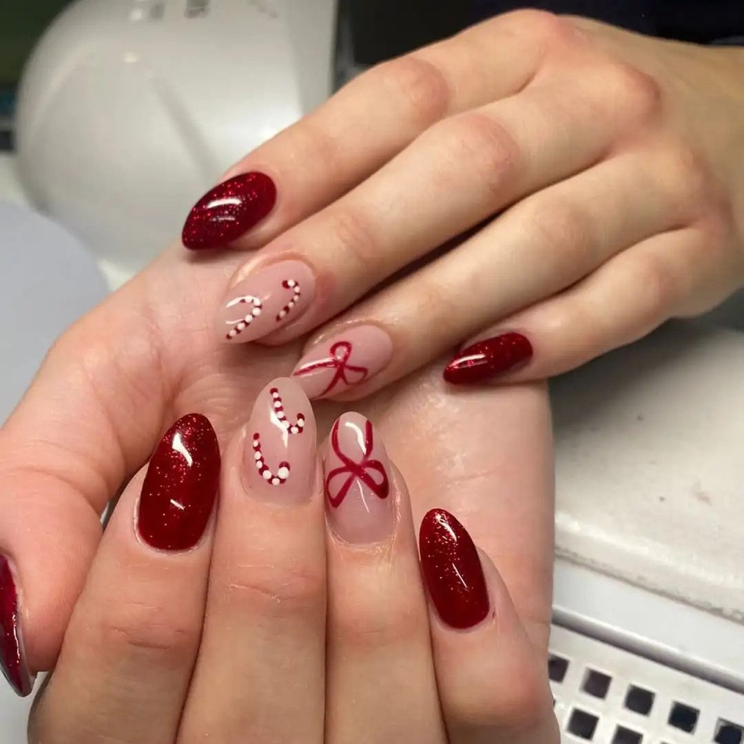 Red and Nude with Red Bow Accents Red and Nude with Red Bow Accents — Christmas Bow Nails 2026
