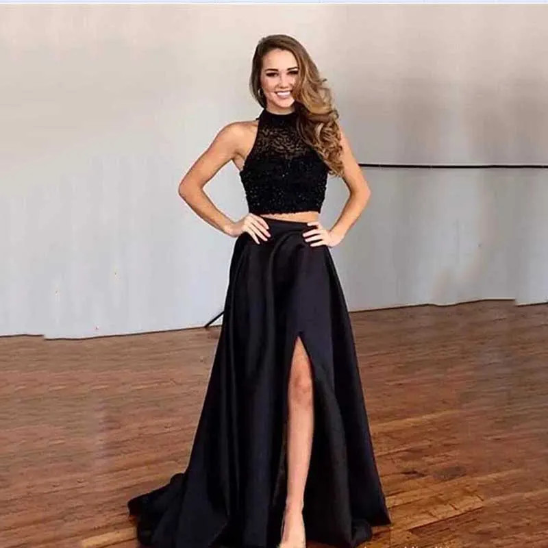 Black Halterneck Top and Satin Skirt for a Prom Statement Black Halterneck Top and Satin Skirt for a Prom Statement — Prom Couple Outfits 2027