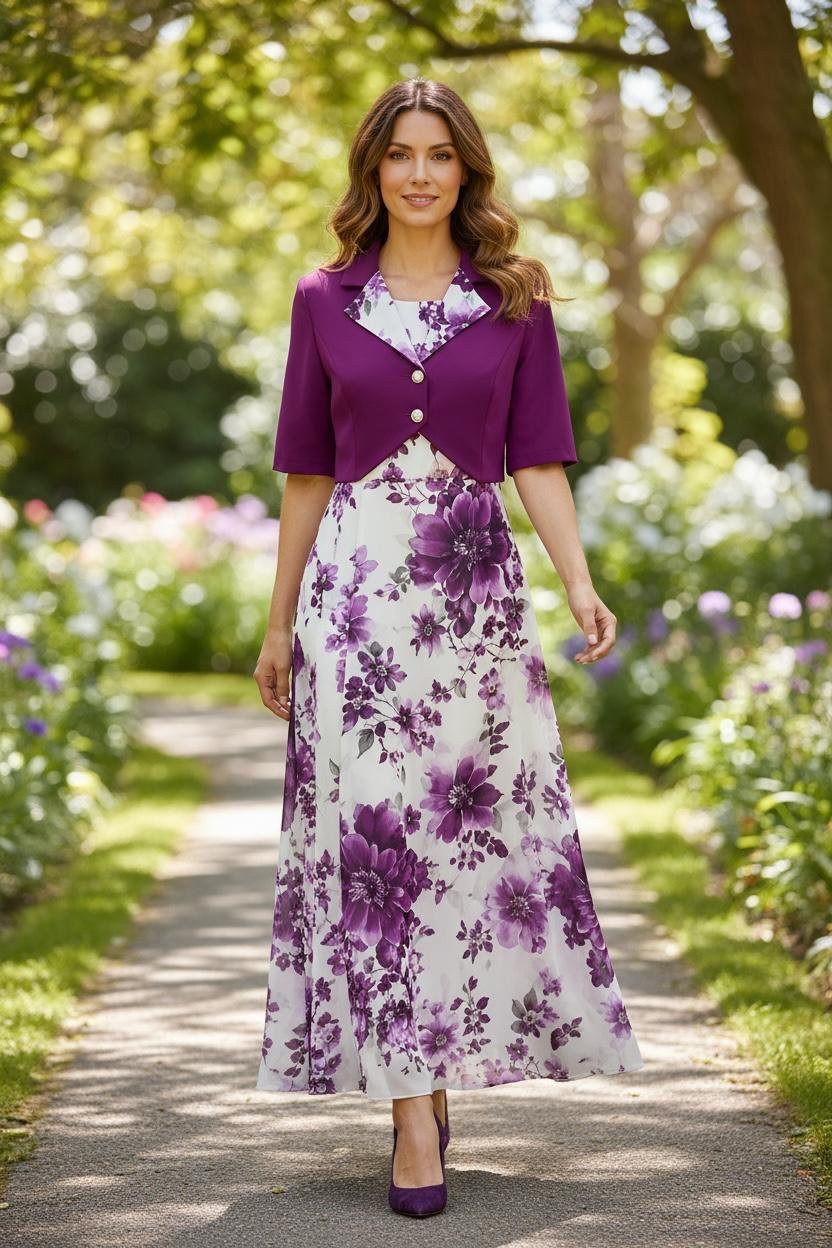 White Floral Print Midi Dress with Purple Cropped Jacket White Floral Print Midi Dress with Purple Cropped Jacket — Modest Dresses 2027