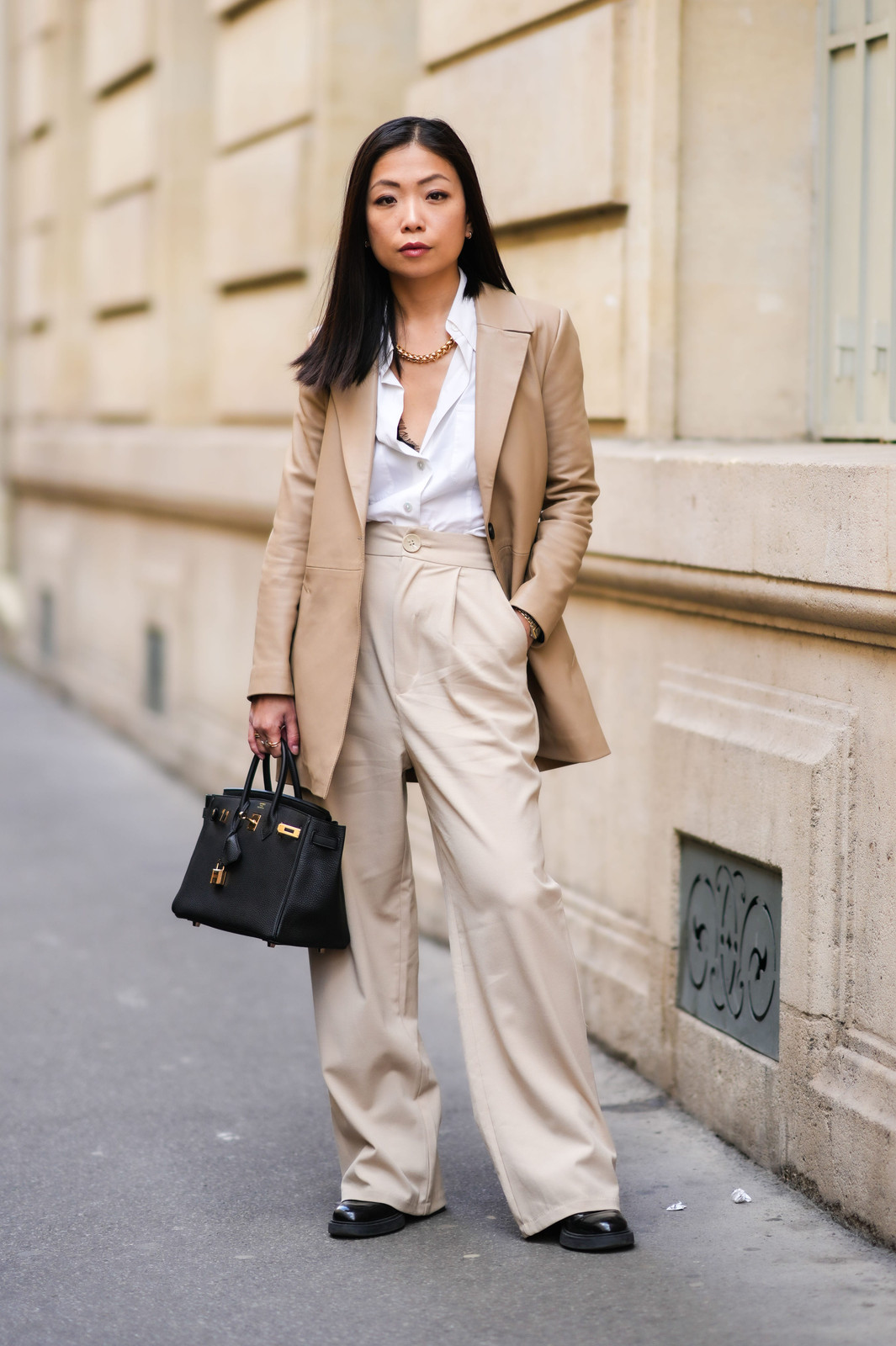 Sophisticated Beige Leather Blazer and Silk Shirt Sophisticated Beige Leather Blazer and Silk Shirt — Spring Europe Outfits 2027