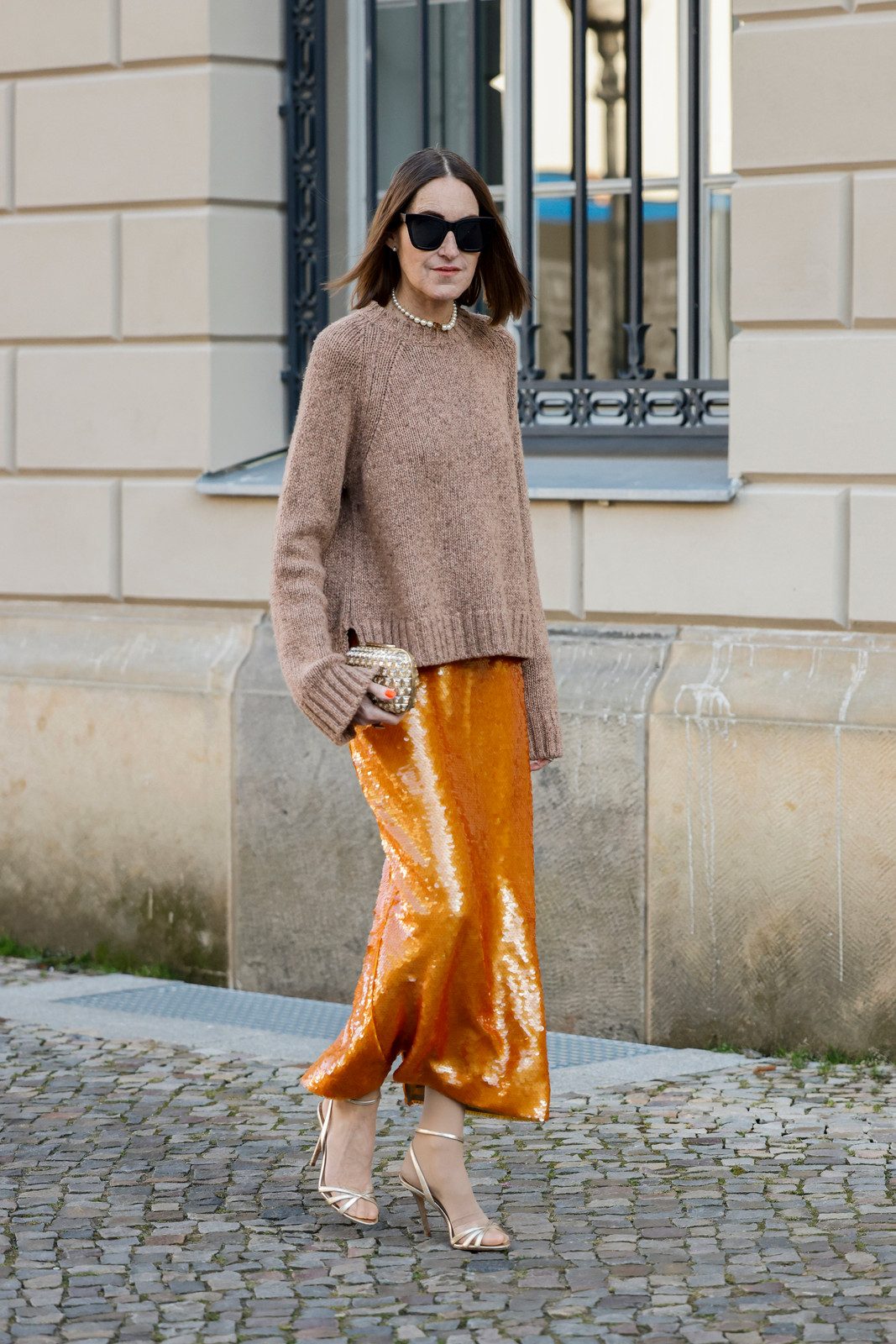 Orange Sparkle: Sequin Midi Skirt with a Knit Sweater — Holiday Party Outfits 2026