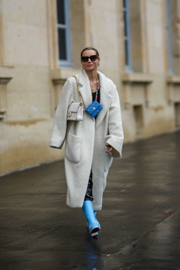 Off-White Bouclé Coat with Blue Rain Boots for Casual Contrast — Teddy Coat Outfits 2027
