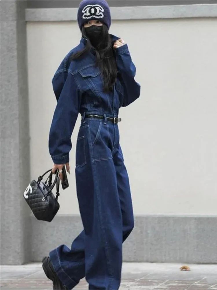 Dark Blue Denim Jumpsuit with Wide Legs and Platform Boots Dark Blue Denim Jumpsuit with Wide Legs and Platform Boots — Jumpsuit Outfits 2027
