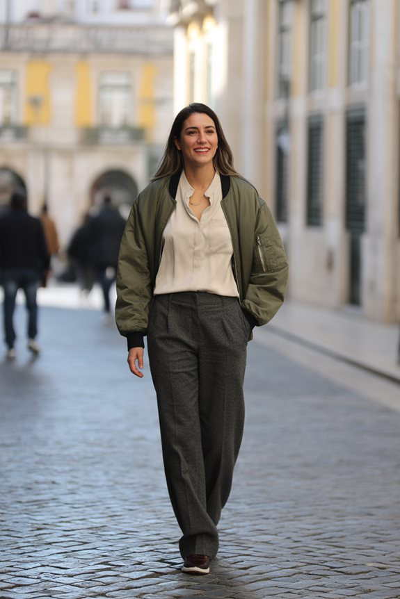 Olive Bomber Jacket with Silk Blouse and Grey Trousers Olive Bomber Jacket with Silk Blouse and Grey Trousers — Lisbon Outfits 2027