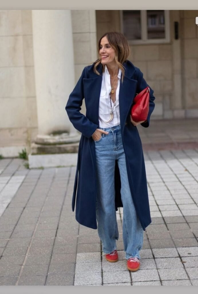 Belted Navy Coat with Red Accents Belted Navy Coat with Red Accents — Winter Navy Outfits 2027