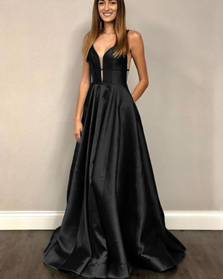 Black Satin A-Line Gown with Deep Plunging Neckline and Pockets Black Satin A-Line Gown with Deep Plunging Neckline and Pockets — Satin Prom Dresses 2027