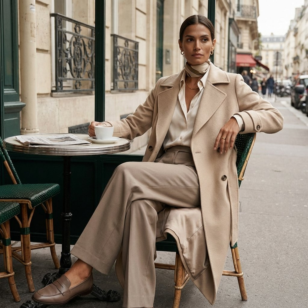 Neutral Wool Coat with Silk Blouse and Dress Neutral Wool Coat with Silk Blouse and Dress — Aesthetic Outfits 2027