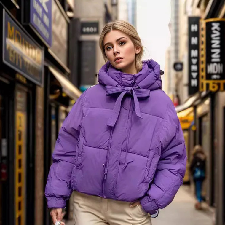 Vibrant Purple Cropped Puffer with Bow Detail — Winter Outfits 2027 with Puffer
