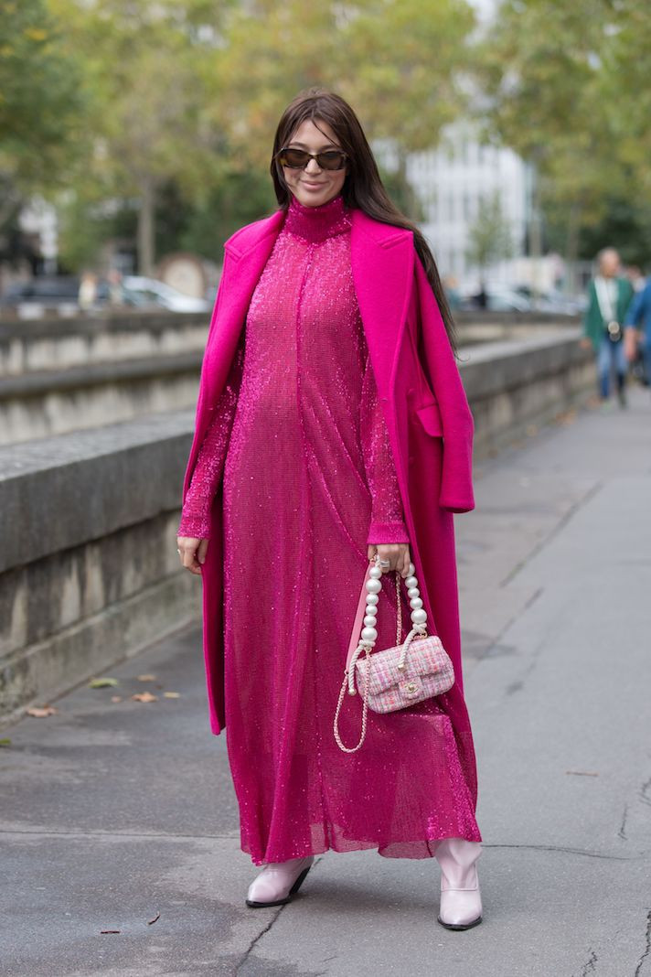 Hot Pink Sequined Dress Under Matching Wool Coat Hot Pink Sequined Dress Under Matching Wool Coat — New Years Eve Outfits 2027