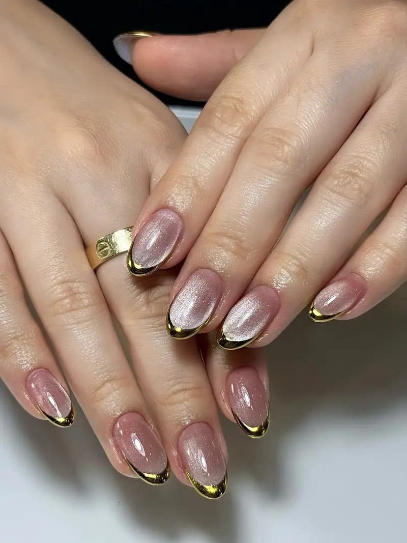 Cat-Eye Gold French Short Oval Nails Cat-Eye Gold French Short Oval Nails — Gold Nails 2027