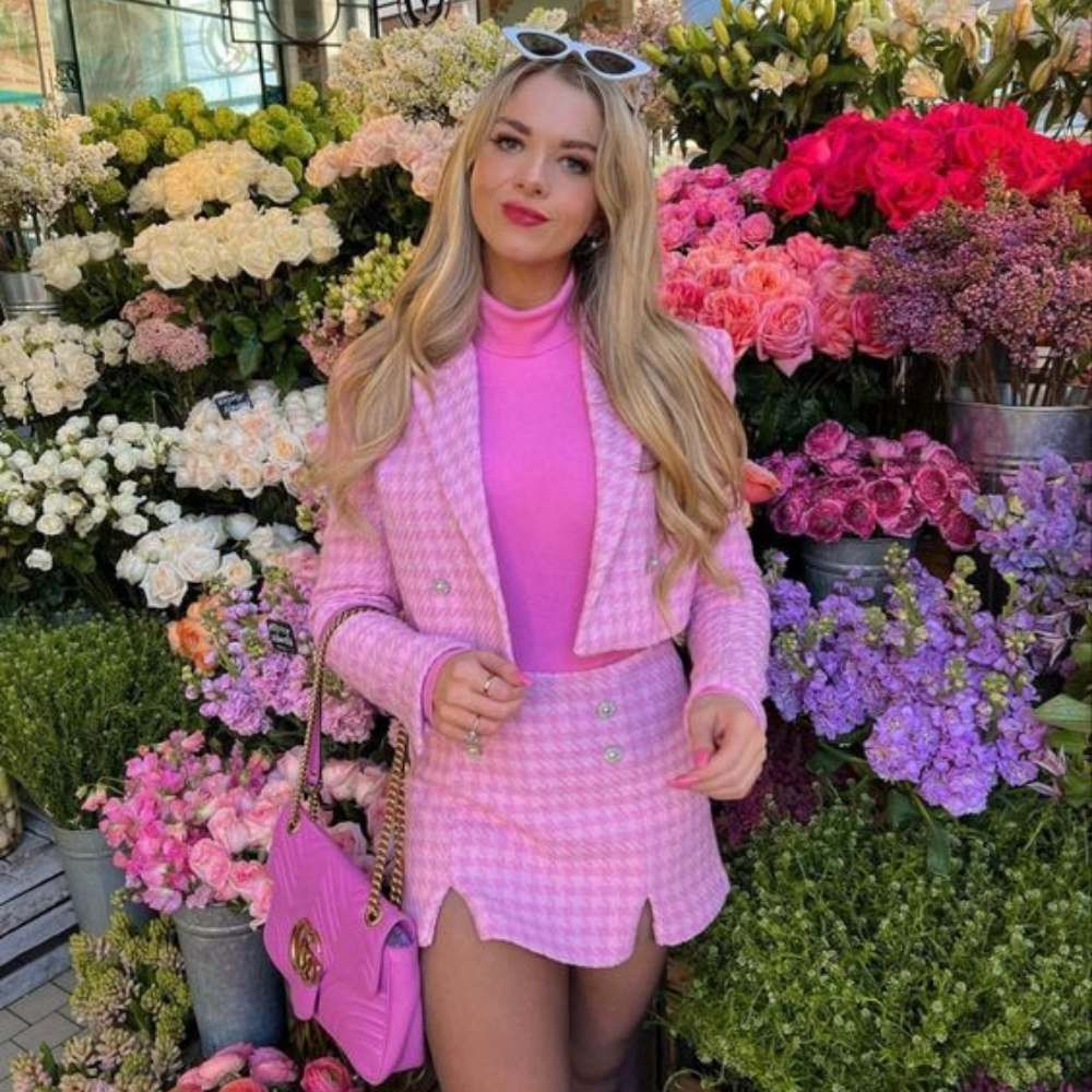 Pink Houndstooth Tweed Set for Casual Chic — Blush Outfits 2027