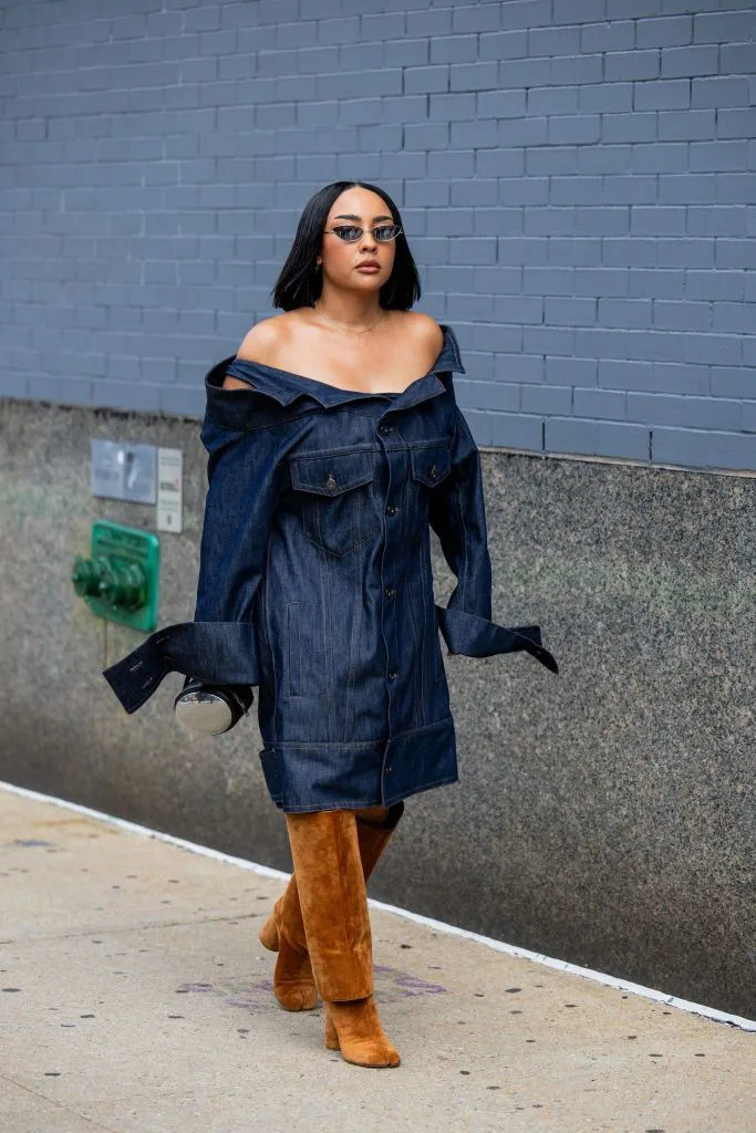 Blue Denim Off-the-Shoulder Dress with Tan Suede Knee-High Boots Blue Denim Off-the-Shoulder Dress with Tan Suede Knee-High Boots — Knee High Boots Outfits 2027