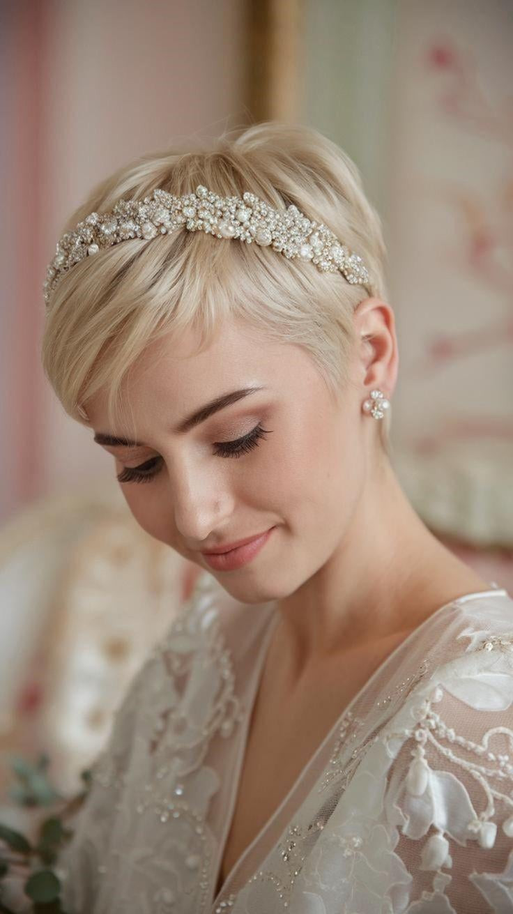 Ash Blonde Wavy Pixie With Bridal Headband Ash Blonde Wavy Pixie With Bridal Headband — Wedding Pixie 2027