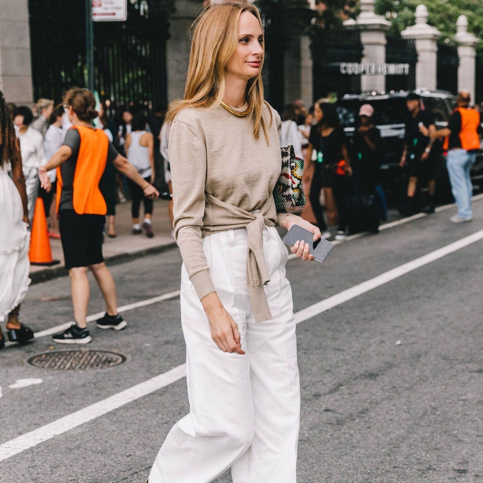 Weekend Casual: White Wide-Leg Jeans with a Beige Tie-Front Sweater Weekend Casual: White Wide-Leg Jeans with a Beige Tie-Front Sweater — White Jeans Outfits 2027