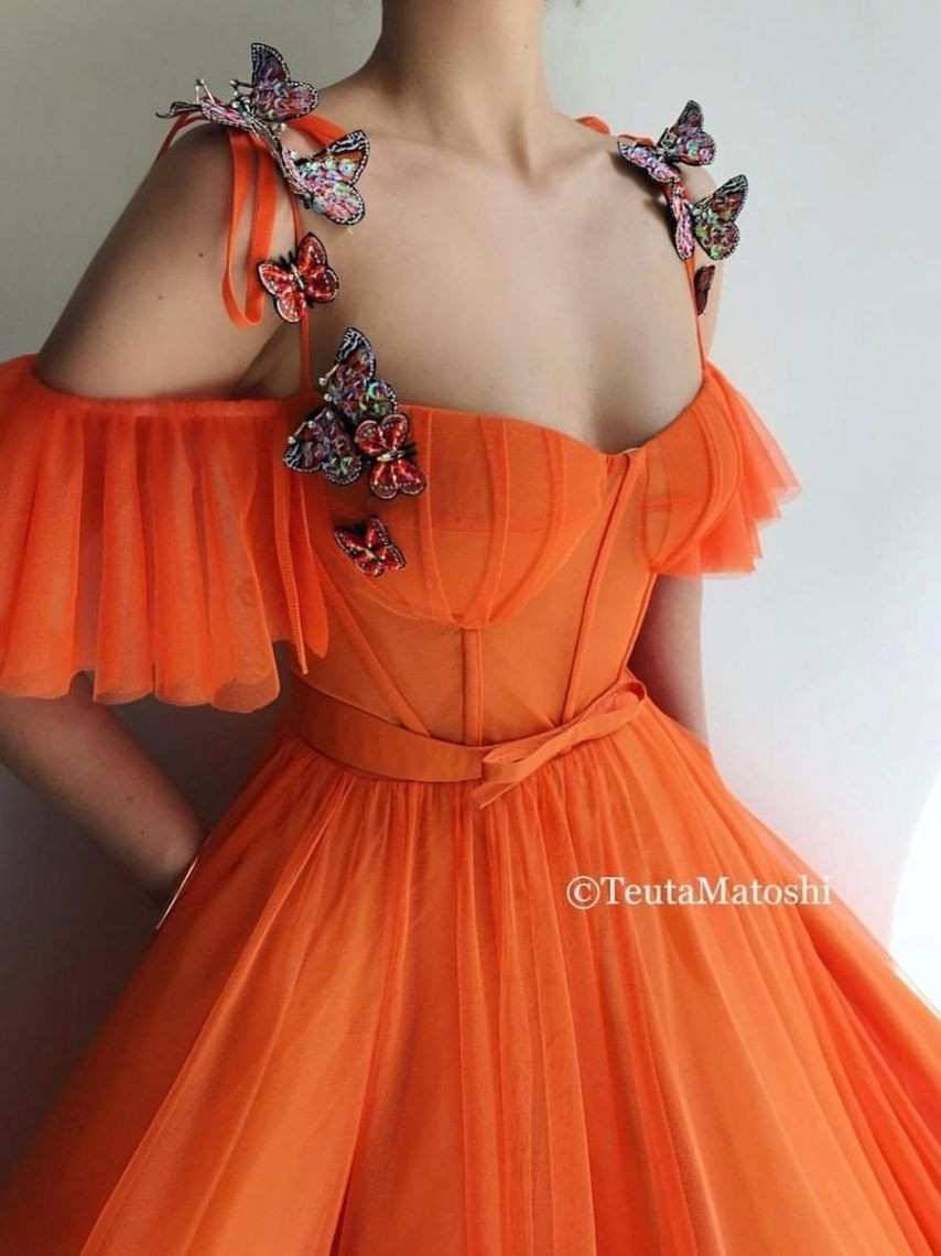 Orange Tulle Ballgown with Corset Bodice and Butterfly Embellishments Orange Tulle Ballgown with Corset Bodice and Butterfly Embellishments — Corset Prom Dresses 2027