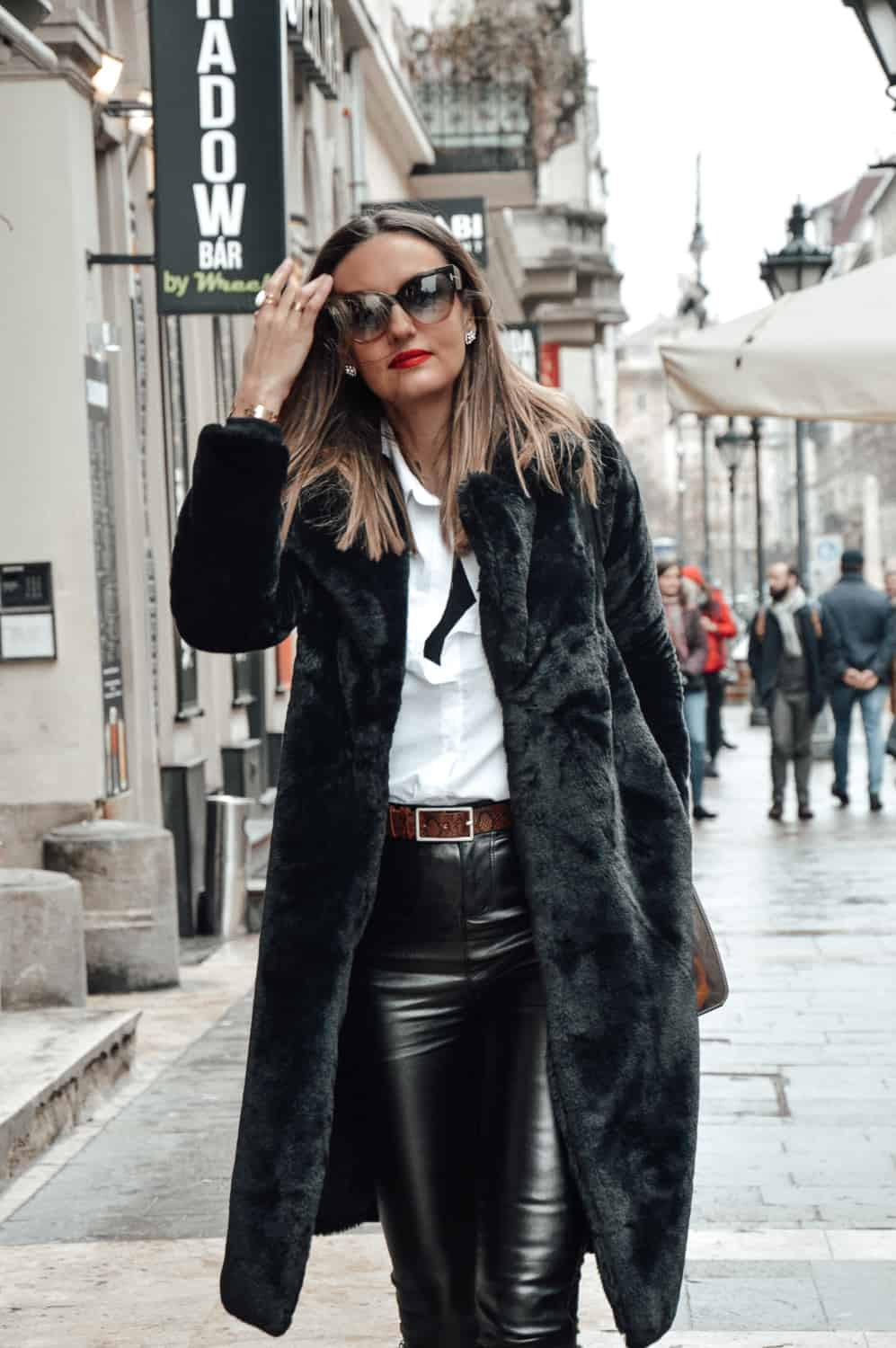 Long Black Faux Fur Coat with Leather Pants for Evening Long Black Faux Fur Coat with Leather Pants for Evening — Faux Fur Outfits 2027