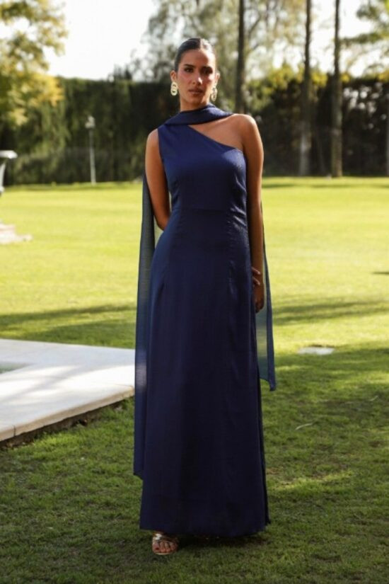 Navy Blue One-Shoulder Maxi Dress with Scarf Detail Navy Blue One-Shoulder Maxi Dress with Scarf Detail — Going Out Dresses 2027