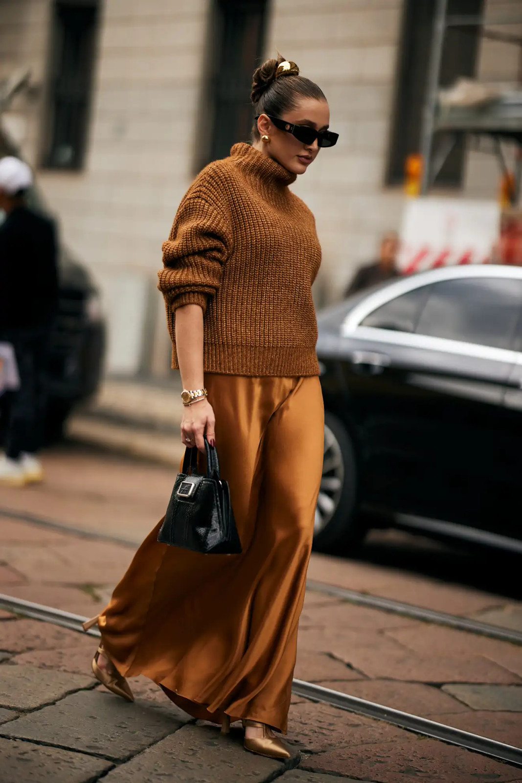 Textured Turtleneck Meets Flowing Satin Skirt for Autumnal Elegance — Slip Skirt Outfits 2027