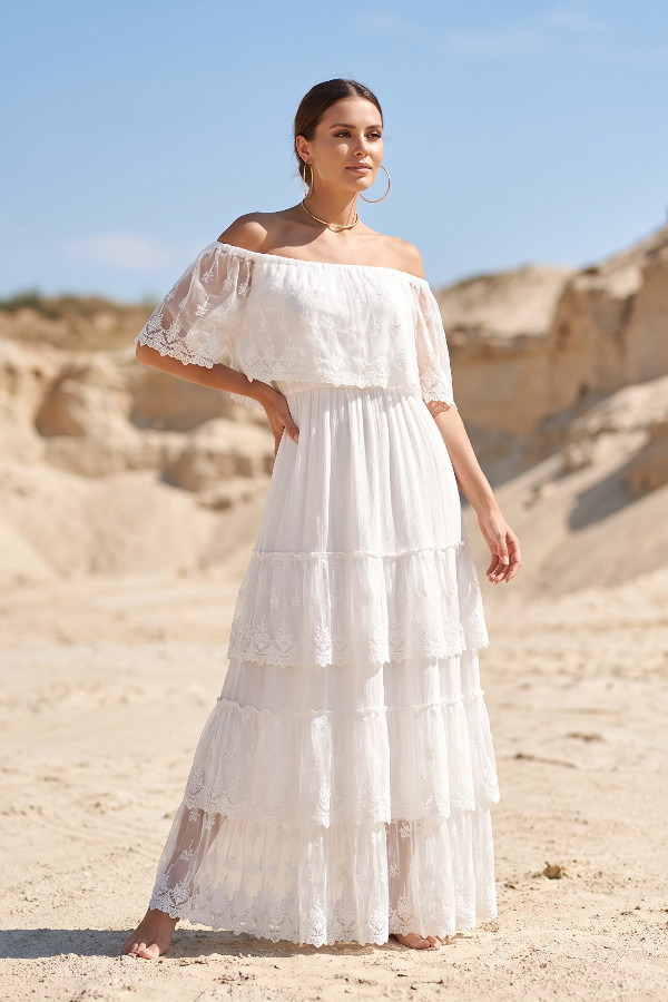 White Cotton Off-the-Shoulder Maxi Dress with Lace Trim White Cotton Off-the-Shoulder Maxi Dress with Lace Trim — Off the Shoulder Dresses 2027