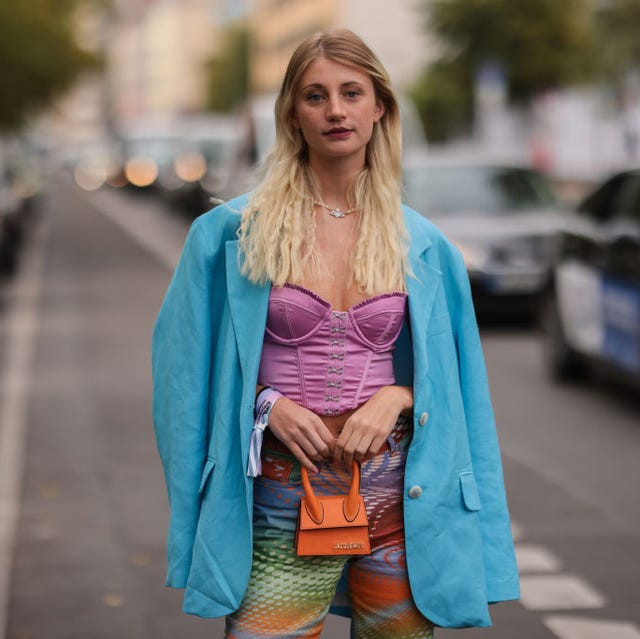 Vibrant Purple Corset Under Oversized Blue Blazer Vibrant Purple Corset Under Oversized Blue Blazer — Spring Corset Top Outfits 2027