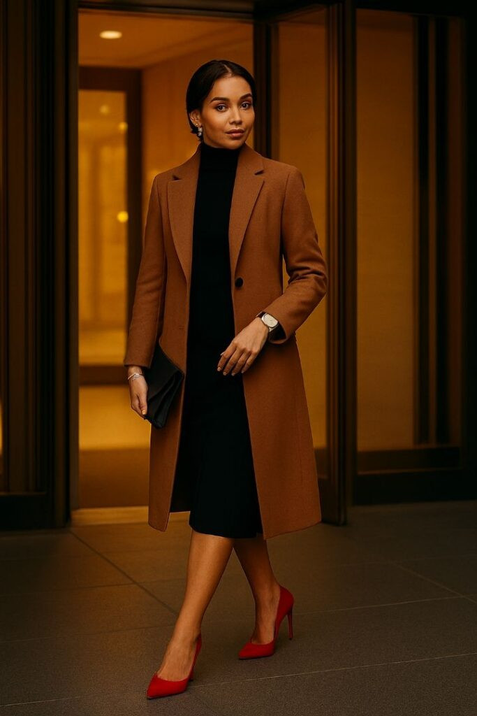 Black Turtleneck Dress with Camel Coat and Red Heels Black Turtleneck Dress with Camel Coat and Red Heels — Presentation Outfits 2027