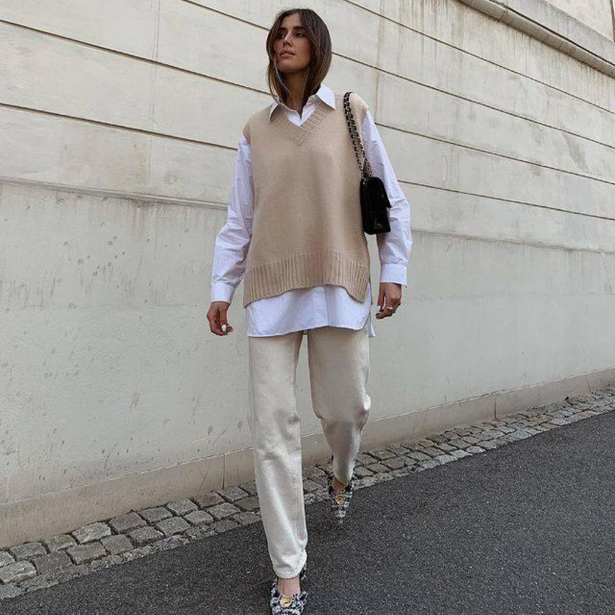 Beige Knit Vest with Oversized Shirt for Casual Office Beige Knit Vest with Oversized Shirt for Casual Office — Vests 2027