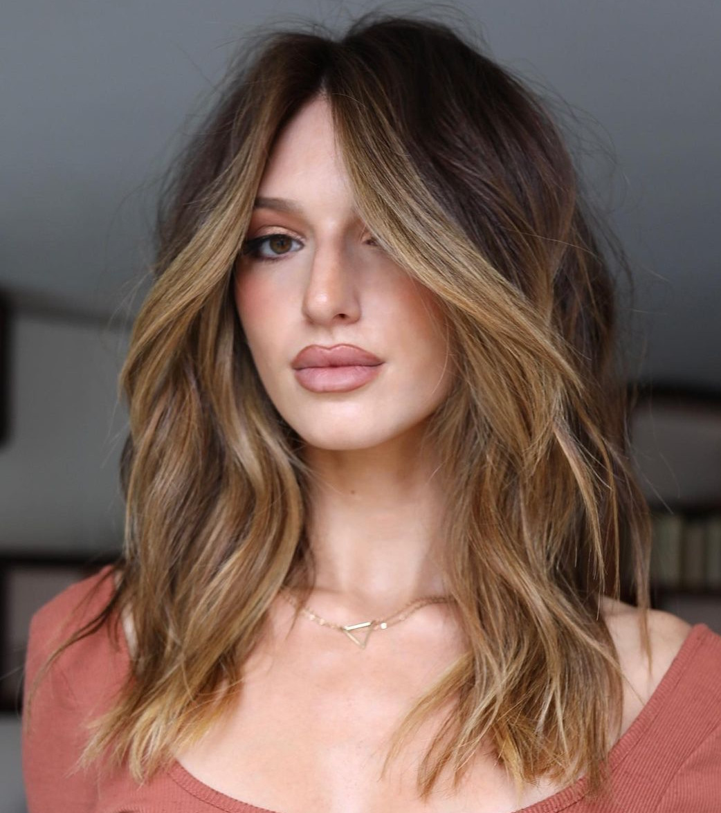 Front View Long Brown With Honey Balayage Face-Framing — Honey Brown Hair 2027