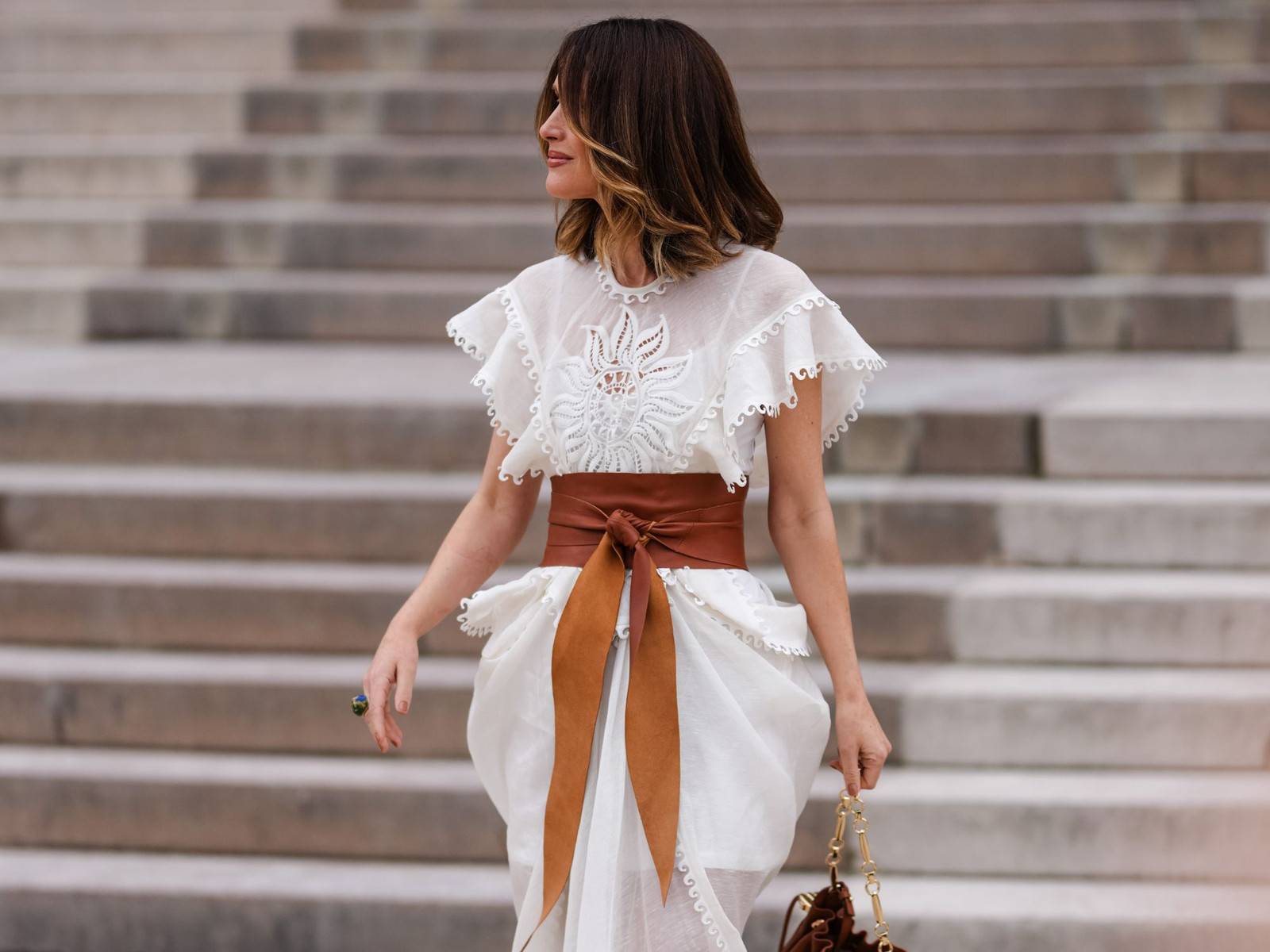 White Ruffled Dress with Suede Sash for an Elegant Daytime Event White Ruffled Dress with Suede Sash for an Elegant Daytime Event — Ruffle Top Outfits 2027