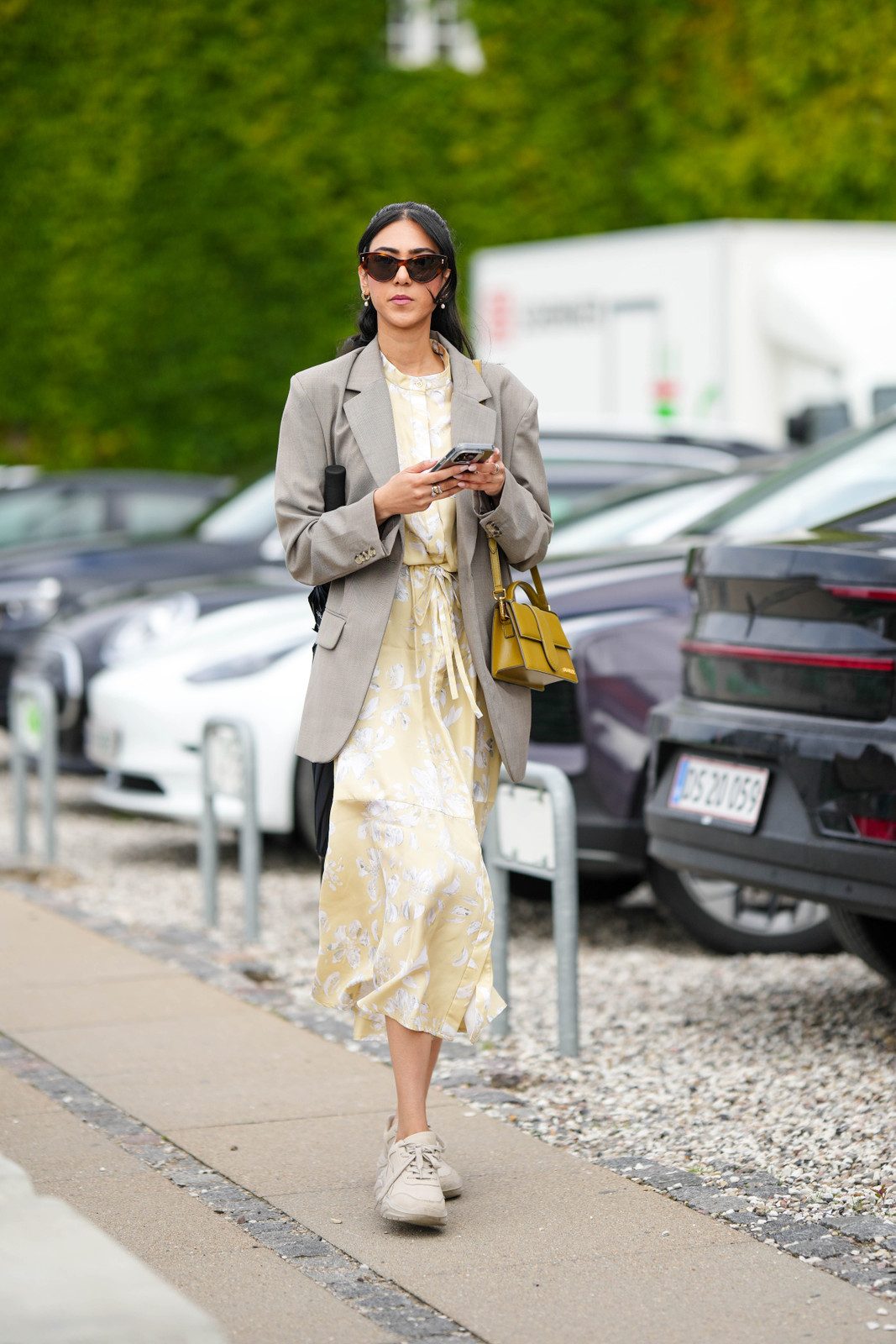Oversized Grey Blazer over Yellow Floral Dress — Fitted Blazer Outfits 2027