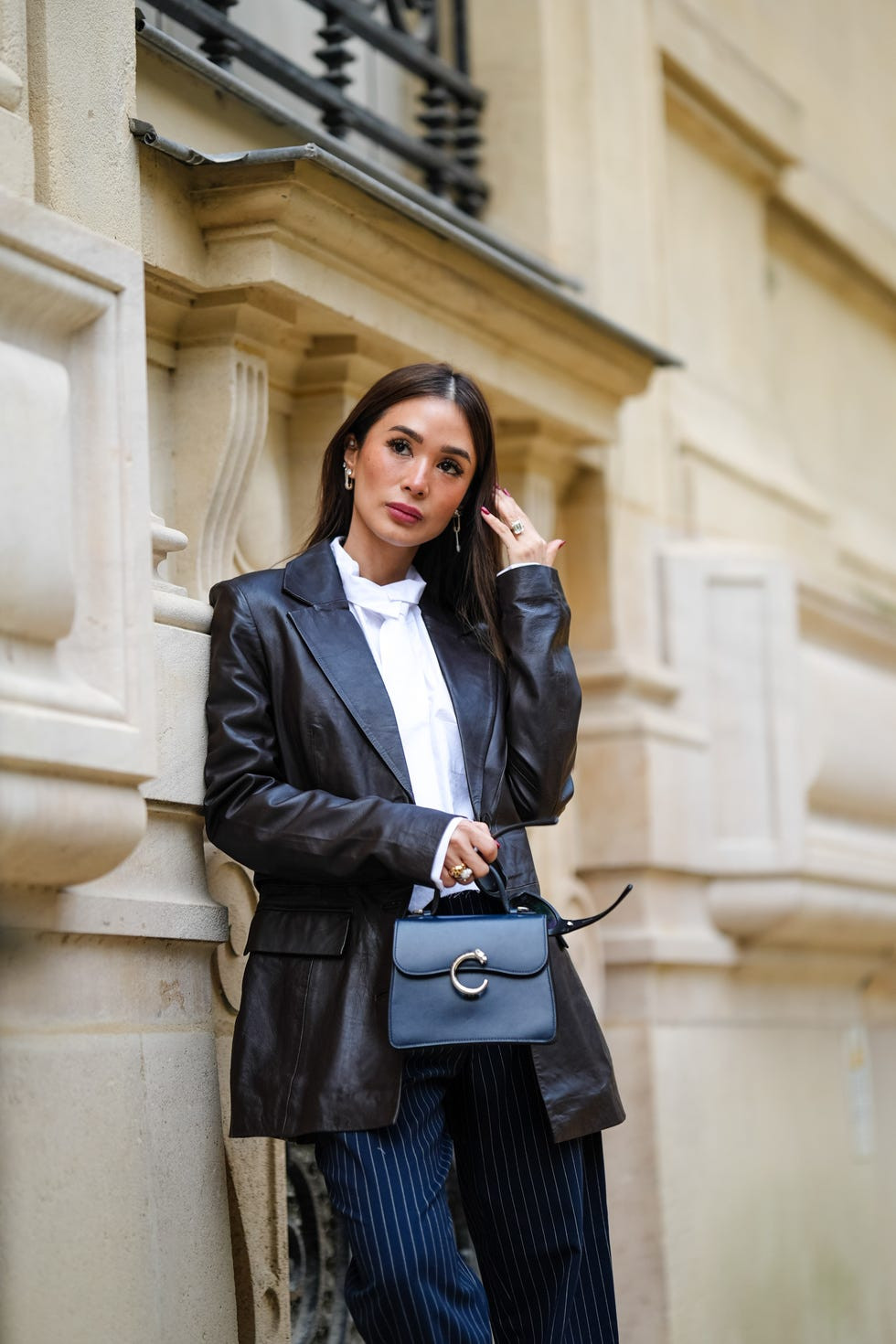 Business Casual Leather Blazer Ensemble Business Casual Leather Blazer Ensemble — Fall Leather Jacket Outfits 2026