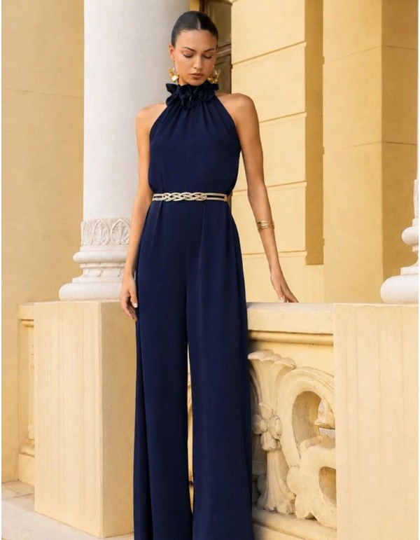 Navy Halter Jumpsuit with Ruffled Neckline for Evening — Summer Jumpsuit Outfits 2027