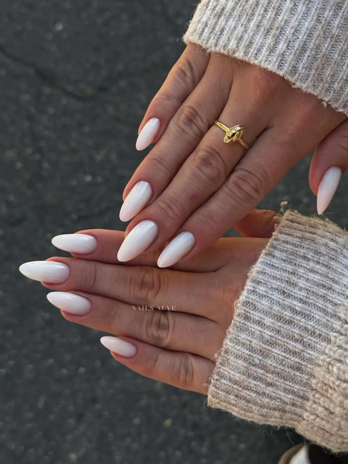 Milky White Twisted Ring Almond Nails — Minimalist Nails 2027