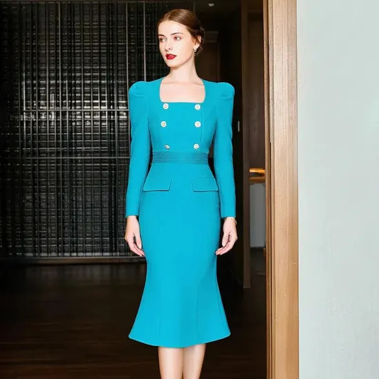 Teal Square Neck Dress with Puffed Shoulders Teal Square Neck Dress with Puffed Shoulders — Modest Dresses 2027