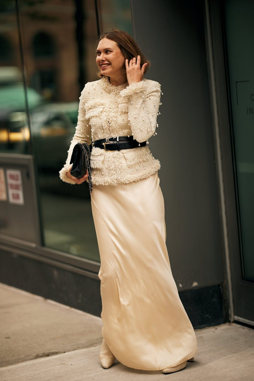 Textural Mix: Cream Slip Dress with Tweed Jacket and Ankle Boots Textural Mix: Cream Slip Dress with Tweed Jacket and Ankle Boots — Slip Dresses 2027