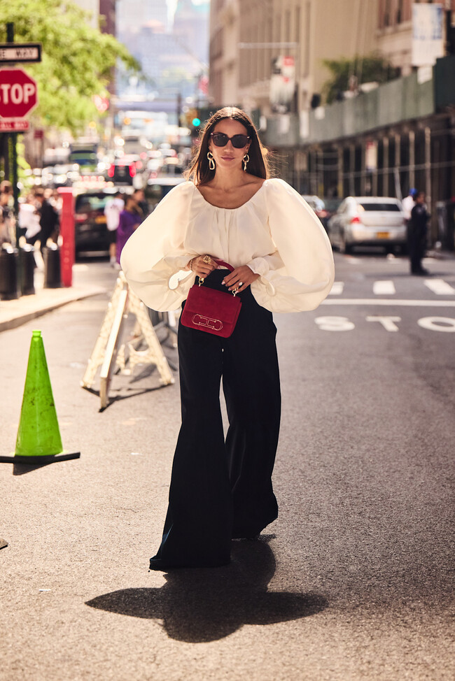 Black Wide-Leg Pants with Cream Puff-Sleeve Blouse Black Wide-Leg Pants with Cream Puff-Sleeve Blouse — Skinny Flare Pants Outfits 2027