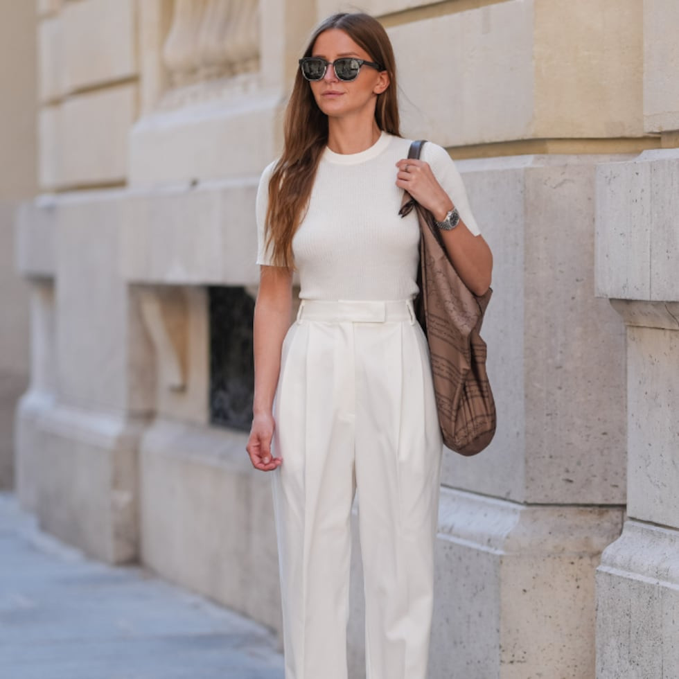 Casual Chic: White Ribbed Top and Wide-Leg Trousers with Sneakers — Summer Work Outfits 2027