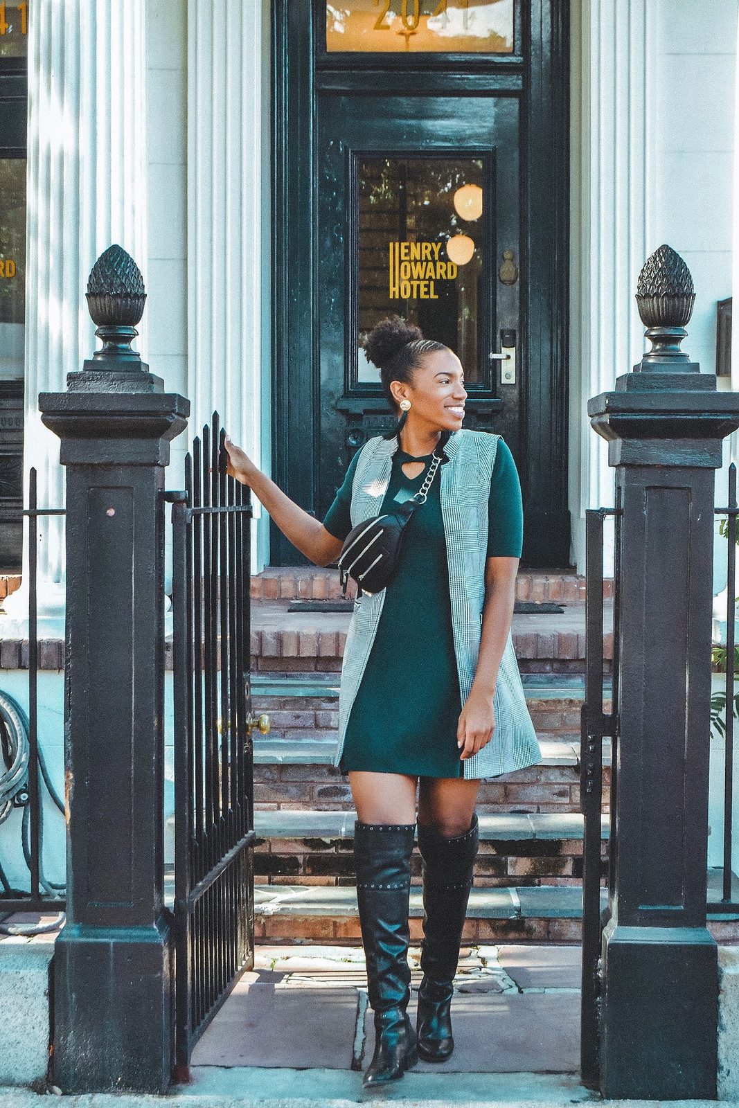 Fit-and-Flare Dress with Patterned Vest and Knee-High Boots Fit-and-Flare Dress with Patterned Vest and Knee-High Boots — Outfits 2027 for Black Women