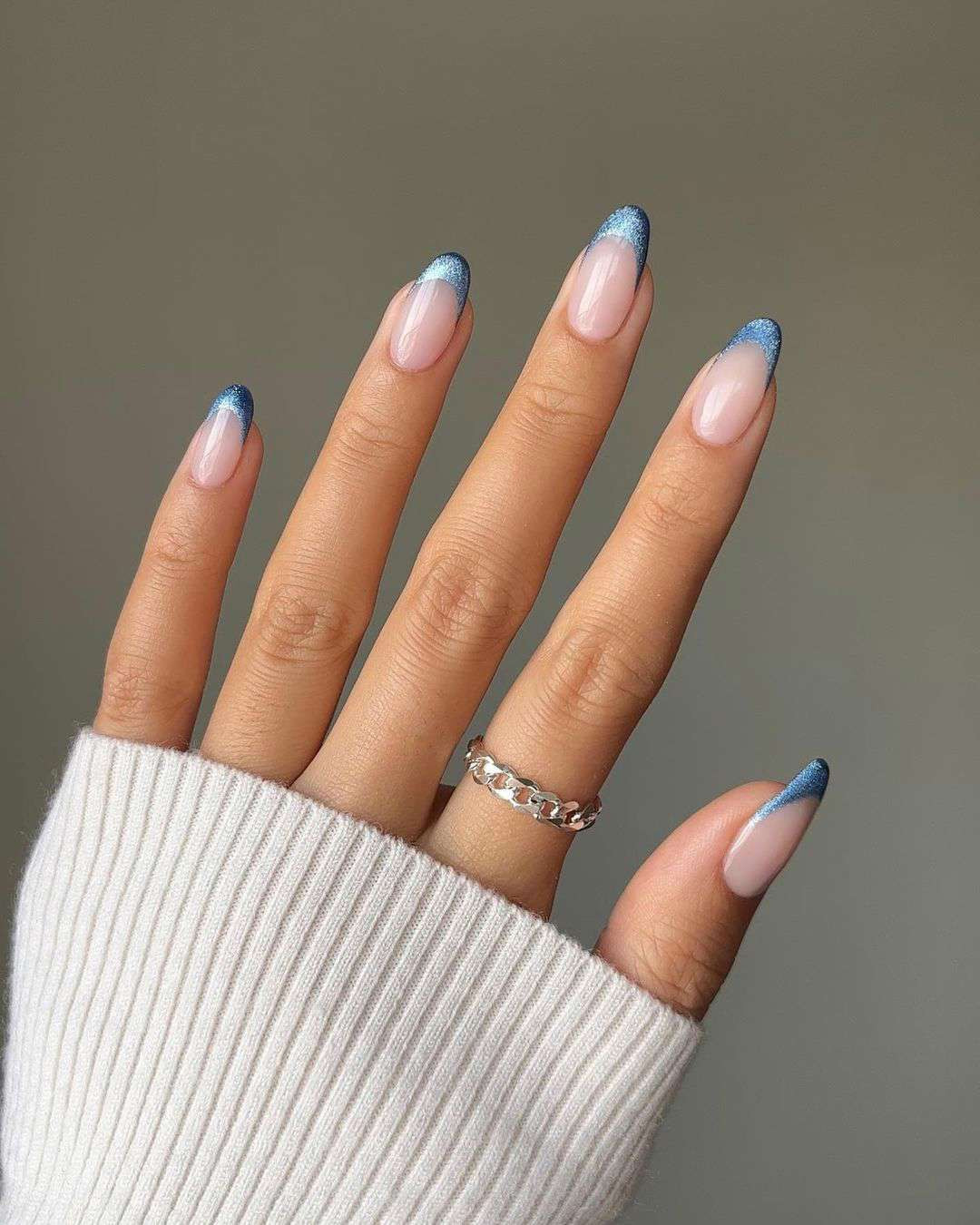 Blue Glitter French Tip Long Almond Nails Blue Glitter French Tip Long Almond Nails — Winter Glitter Nails 2027