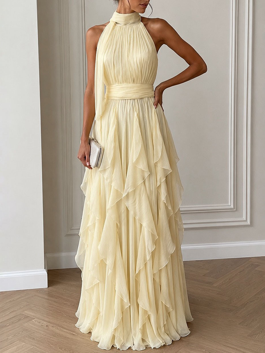 Pale Yellow Halter Neck Tiered Maxi Dress with Cascading Ruffles Pale Yellow Halter Neck Tiered Maxi Dress with Cascading Ruffles — Tiered Dresses 2027
