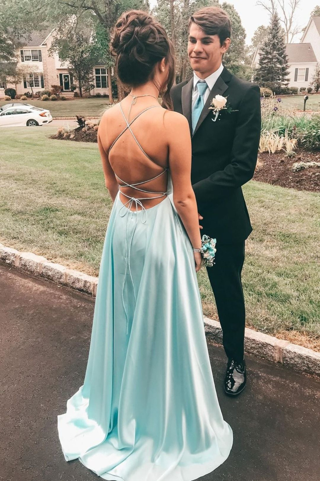Light Blue Satin One-Shoulder Dress and Black Tuxedo for Prom Light Blue Satin One-Shoulder Dress and Black Tuxedo for Prom — Prom Couple Outfits 2027