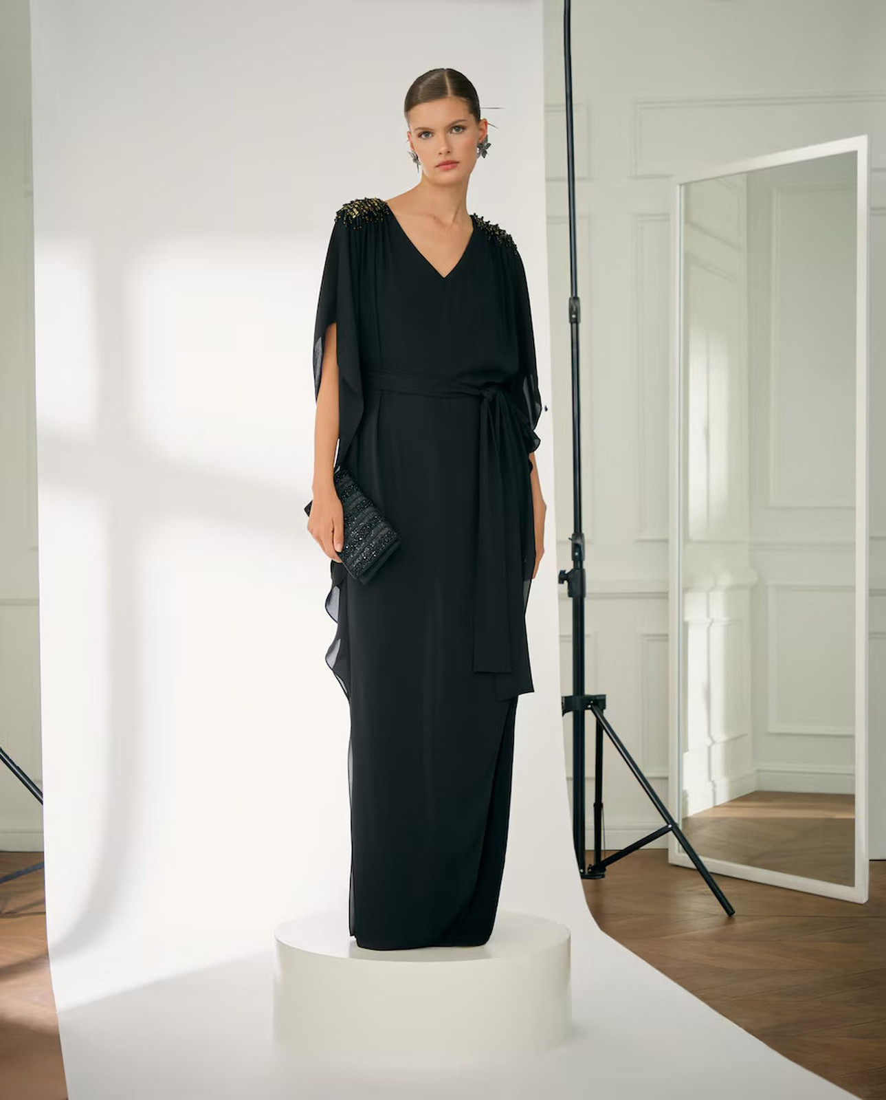 Embellished Black Chiffon Kaftan Dress with Gold and Silver Accents — Cotillion Outfits 2027
