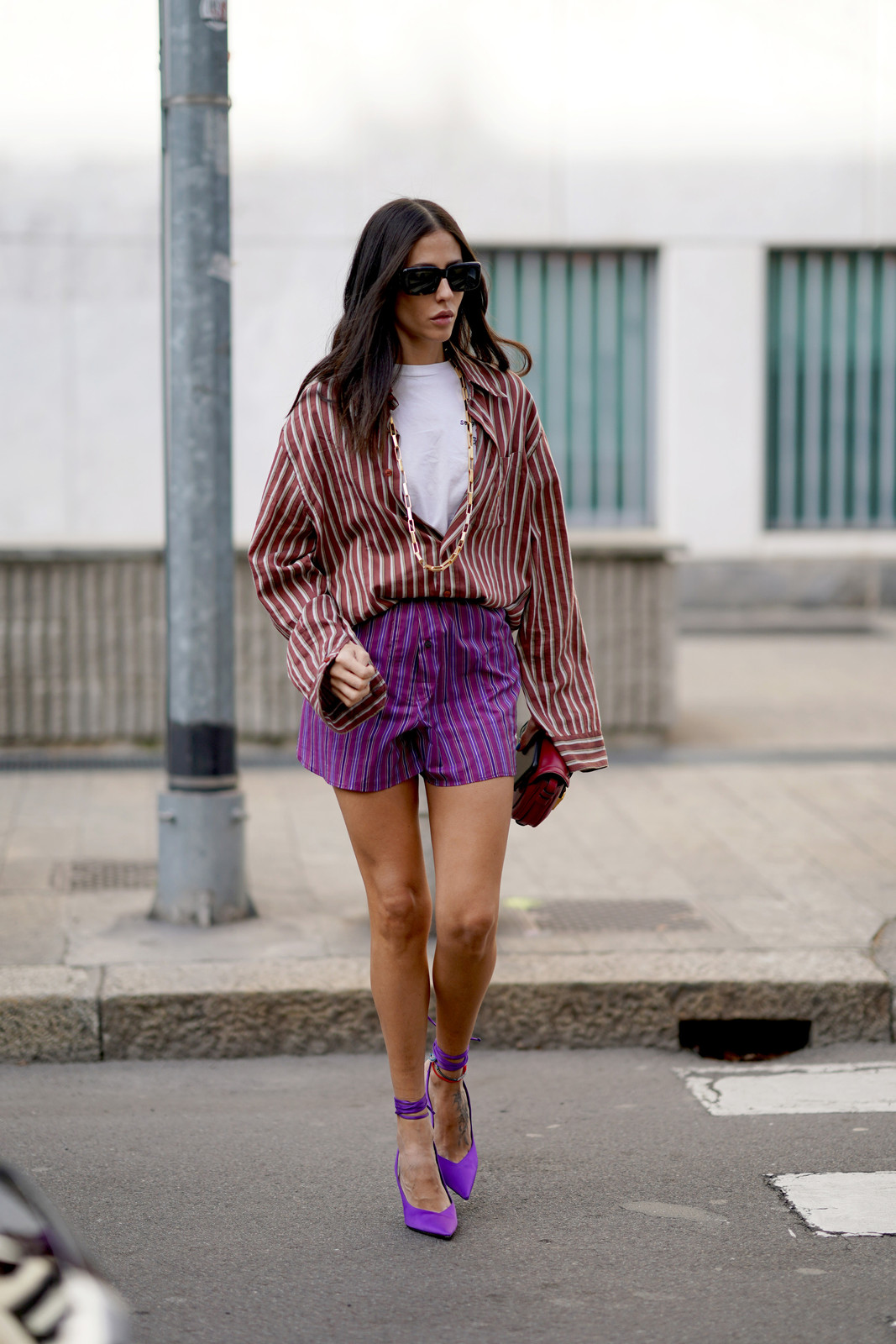 Striped Oversized Shirt with Purple Striped Shorts Striped Oversized Shirt with Purple Striped Shorts — Italy Summer Outfits 2027