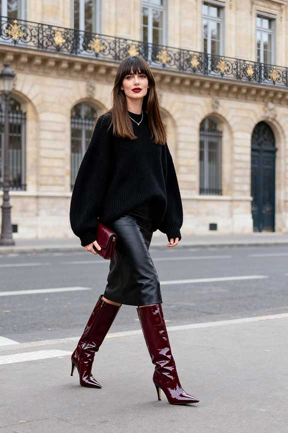 Black Leather Midi Skirt and Oversized Sweater with Burgundy Patent Boots Black Leather Midi Skirt and Oversized Sweater with Burgundy Patent Boots — Knee High Boots Outfits 2027