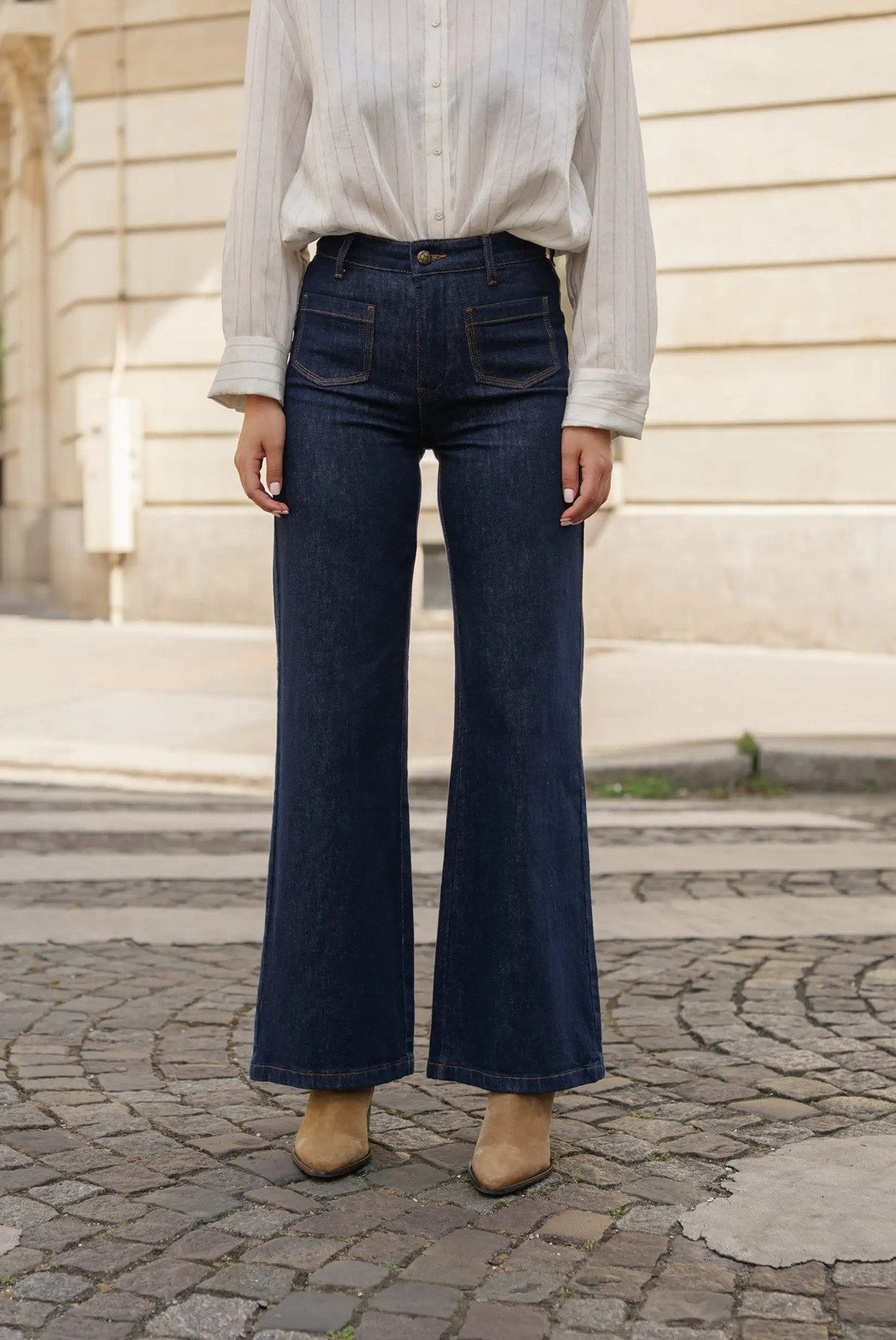 Denim Flare: Dark Blue Wide-Leg Jeans with Striped Shirt Denim Flare: Dark Blue Wide-Leg Jeans with Striped Shirt — Navy Blue Wide Leg Pants Outfits 2027