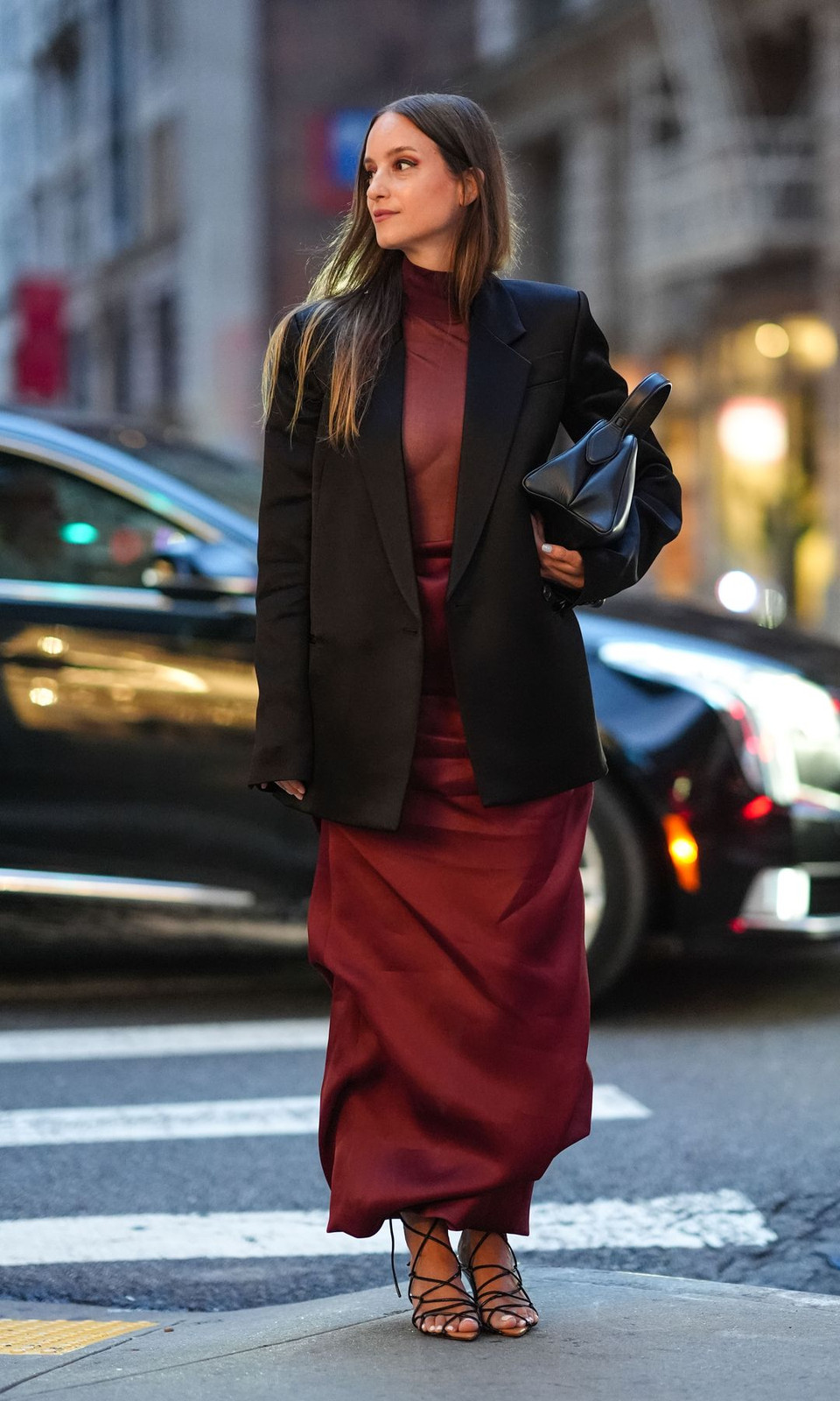 Burgundy Satin Skirt and Turtleneck Combination for an Evening Out — Red Valentines Outfits 2027