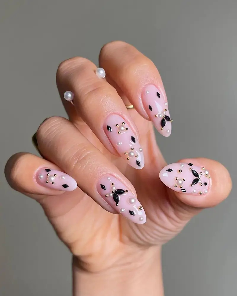 Sheer Pink Pearl Embellished Stiletto Nails — Fall to Winter Nails 2026