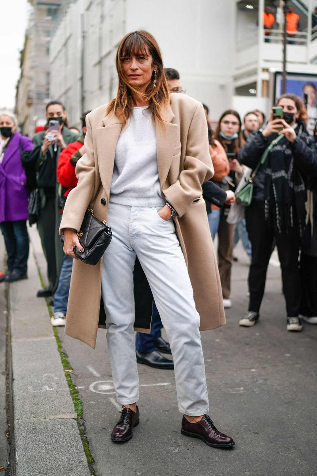 Classic Camel Coat with Burgundy Oxfords and Relaxed Jeans — French Girl Outfits 2027